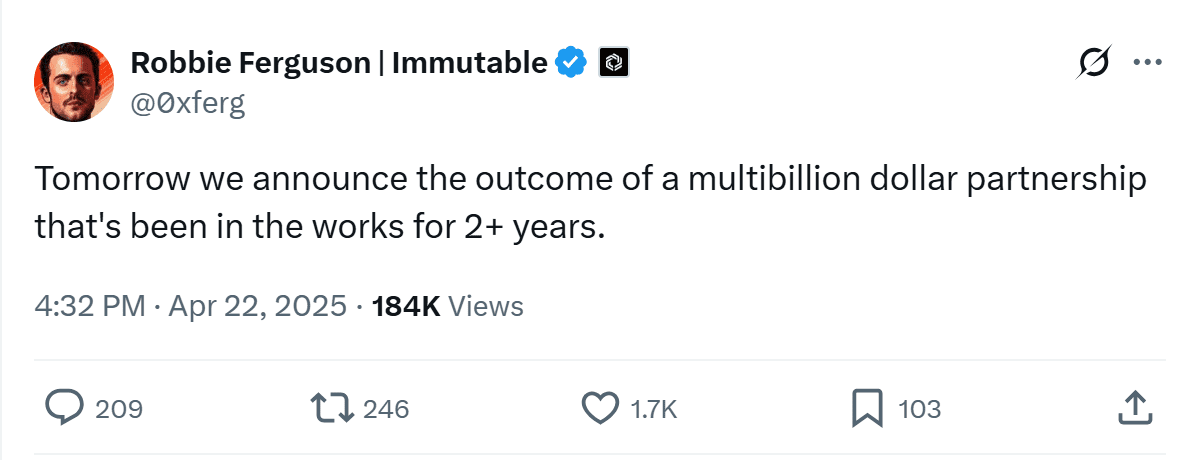 Immutable co-founder Robbie Ferguson teases major announcement. Source: Robbie Ferguson