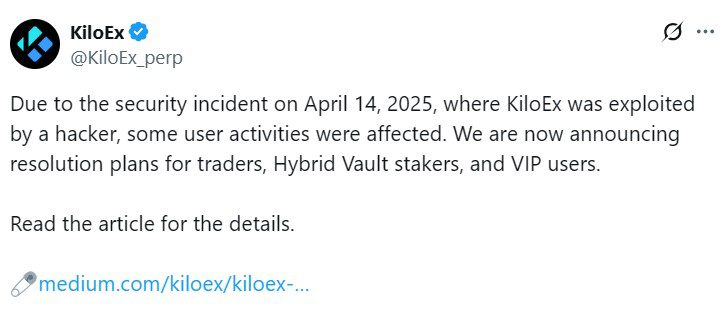 KiloEx announcement on compensating users impacted by the $7.5M hack.