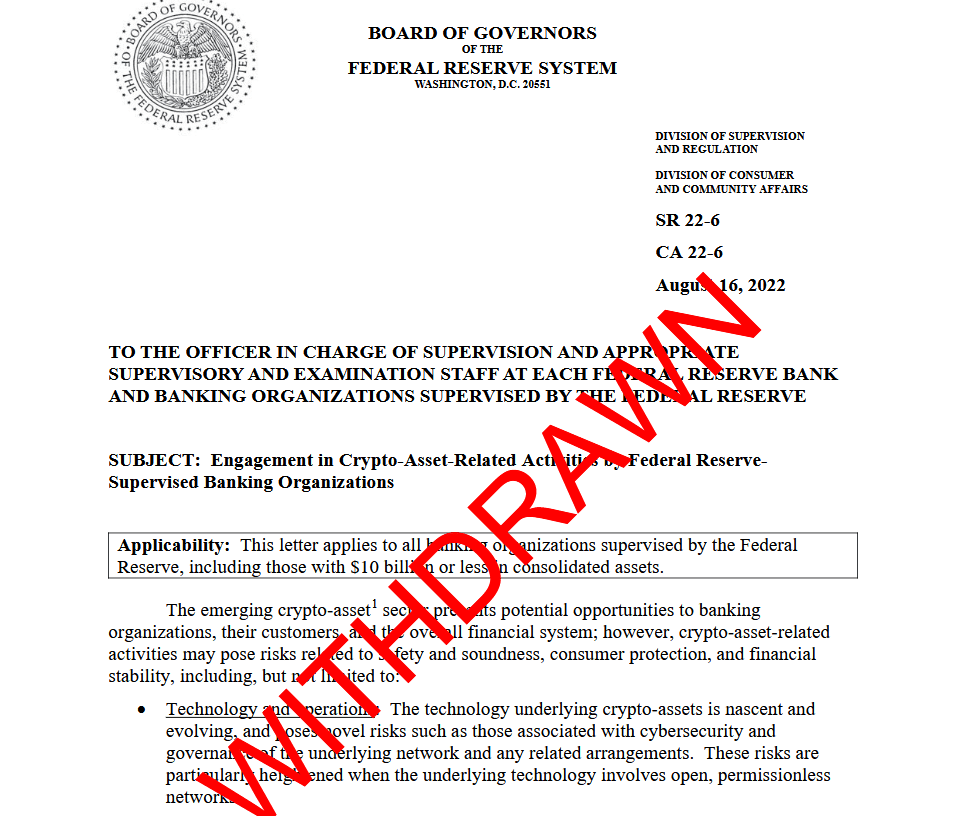 The Federal Reserve Board’s withdrawal giving banks guidance on crypto activities. Source: Federal Reserve