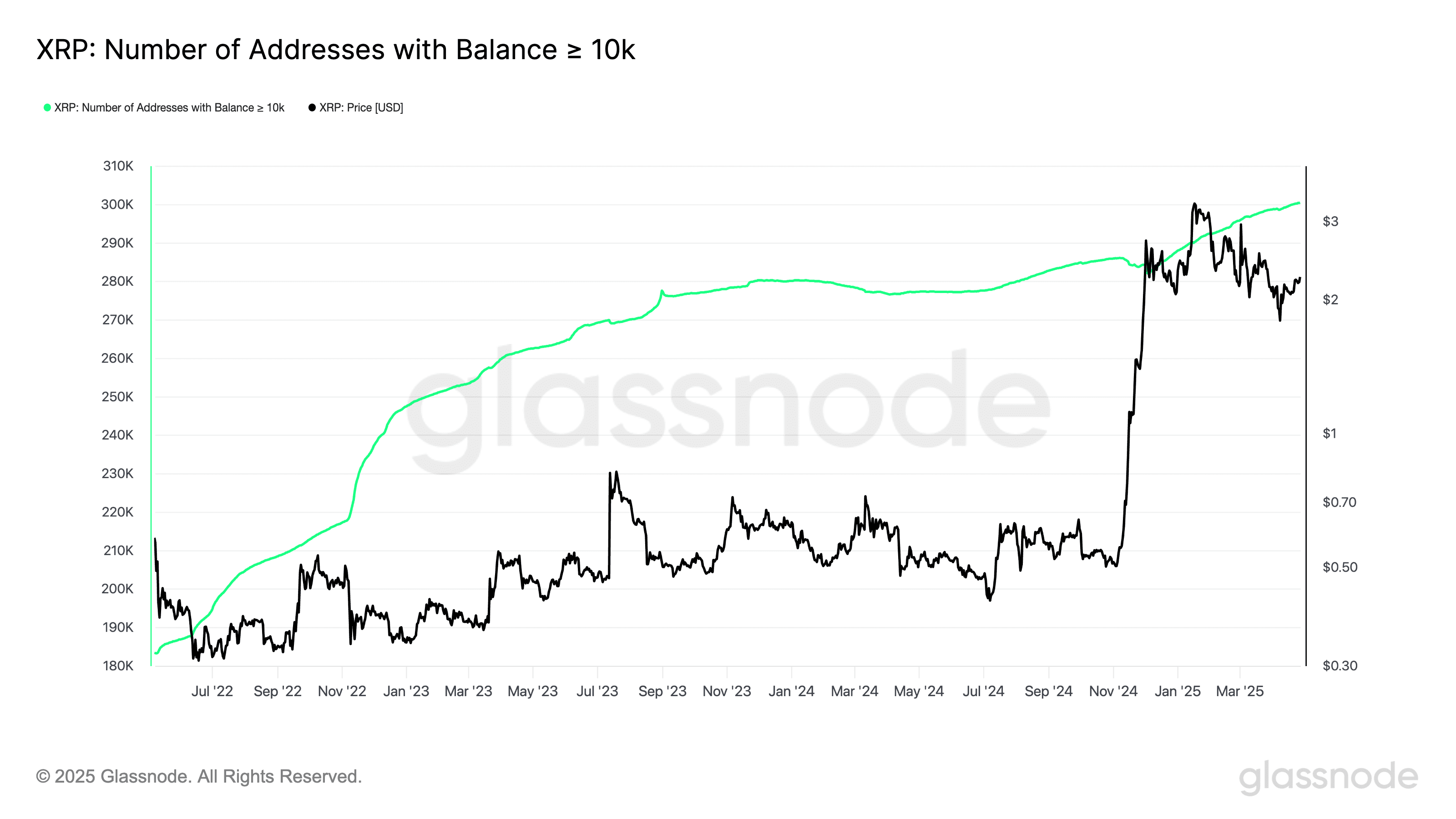 XRP address count holding over 10,000 tokens. XRP address count holding over 10,000 tokens. Source: Glassnode