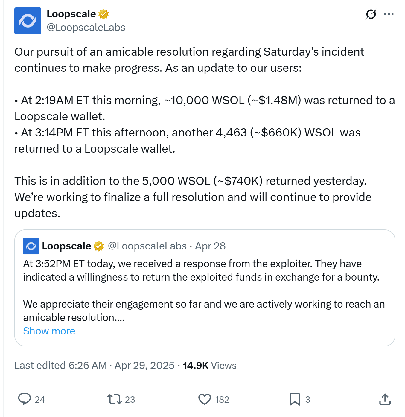 Loopscale updating community on negotiations progress. Source: Loopscale