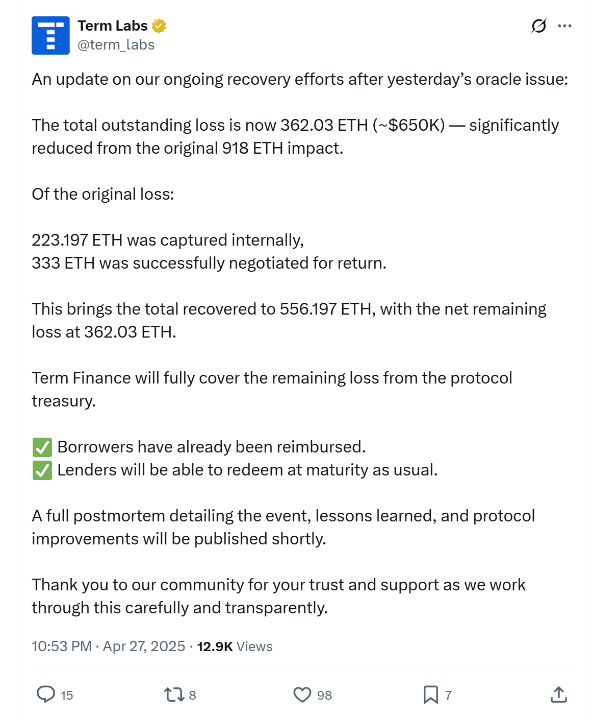 Term Finance explaining their recovery progress. Source: Term Finance