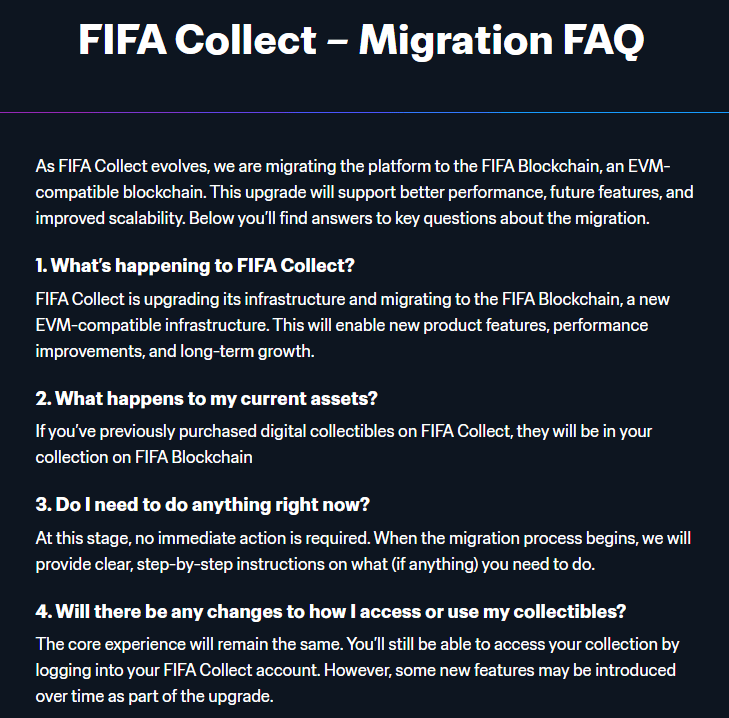 FIFA announces new blockchain for FIFA collection migration. Source: collect.fifa.com