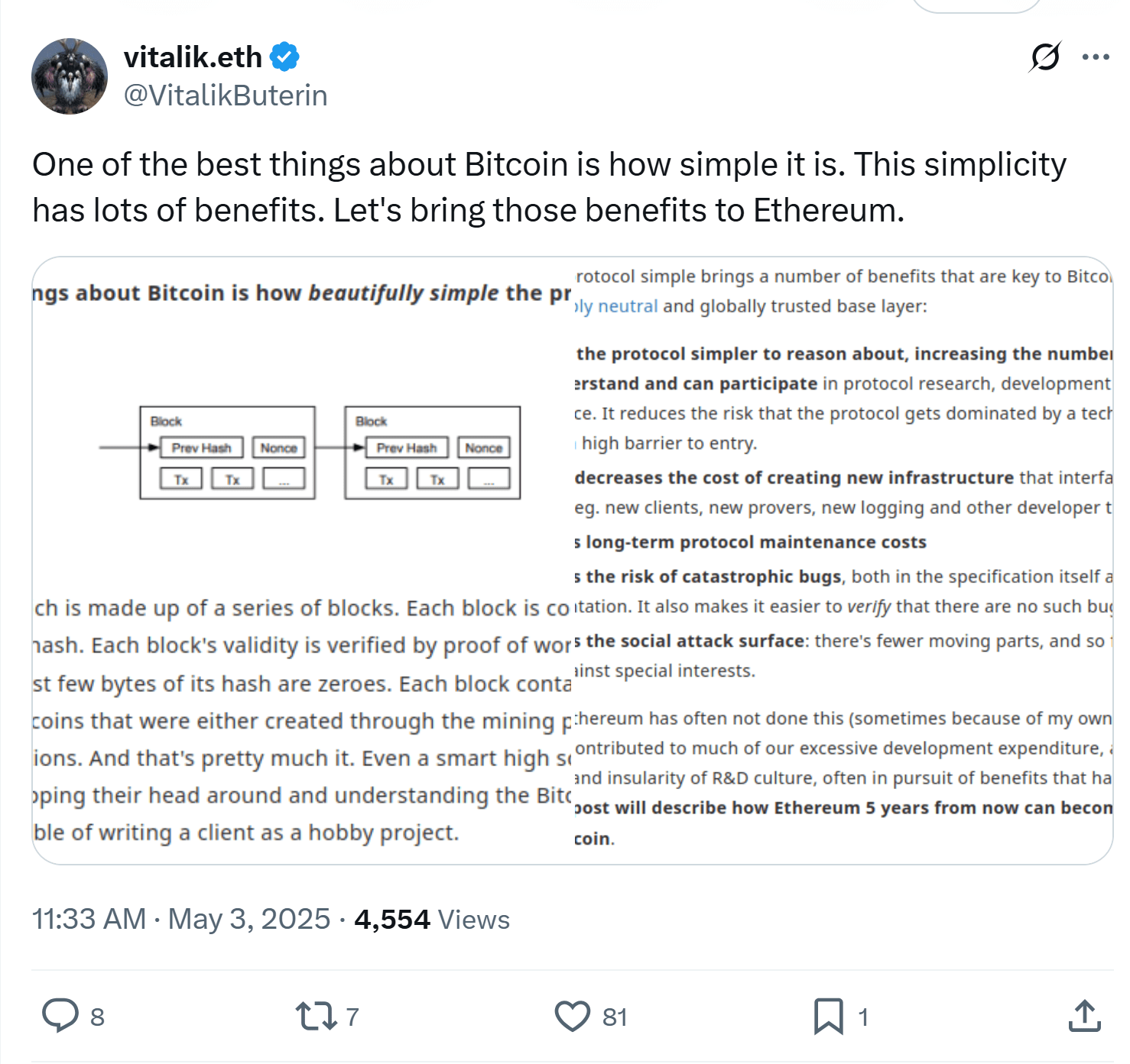 Buterin praises Bitcoin for its simplicity. Source: Vitalik Buterin