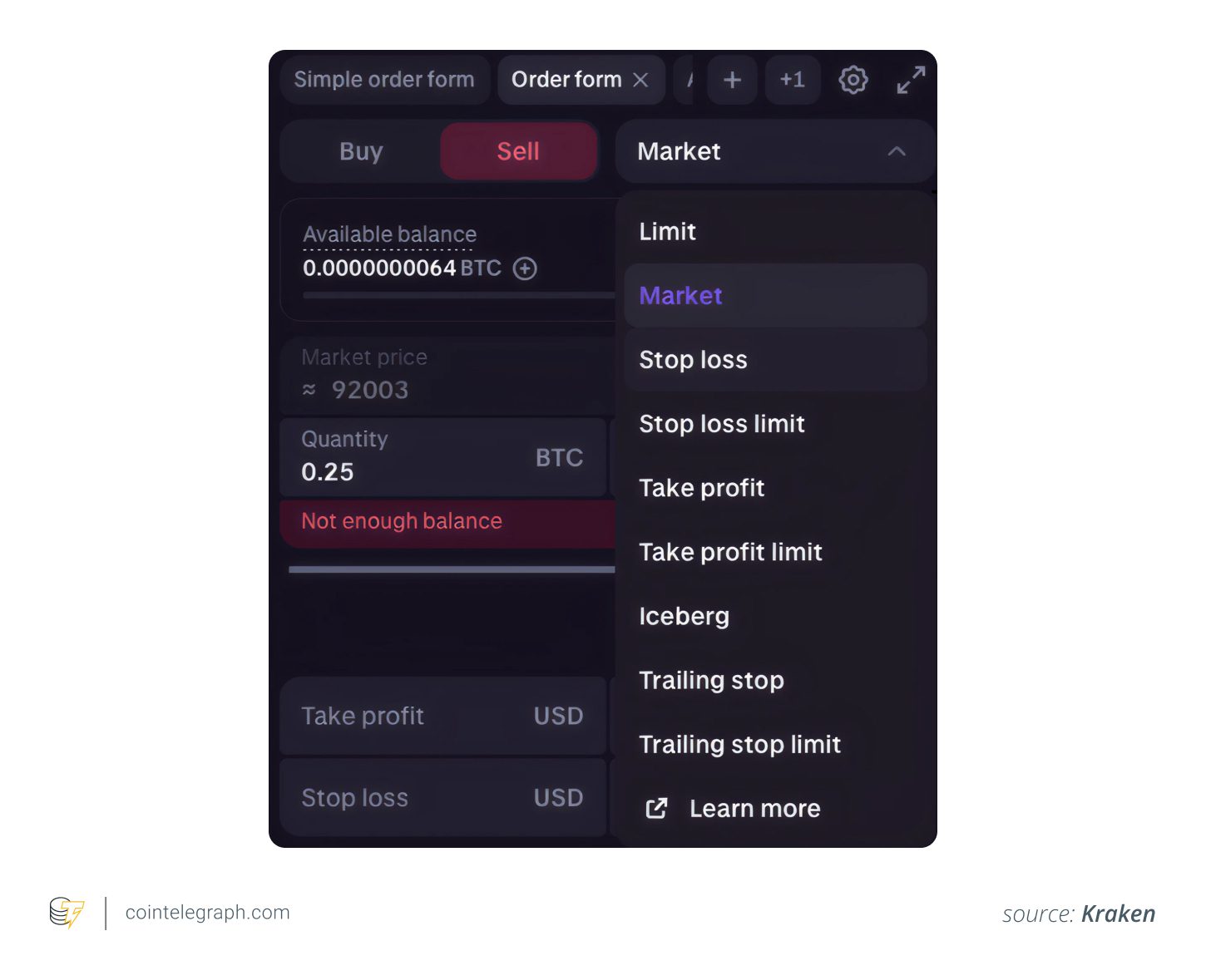Example of Stop Loss Order on Kraken platform. Click on the stop-loss option from the order menu. Set the stop-loss price by deciding how much you