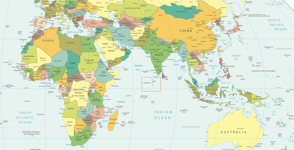 The geographic location of Maldives. Source: Worldometer, The geographic location of Maldives.