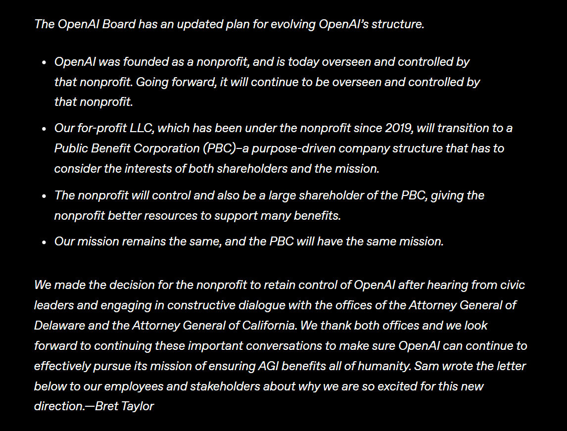 OpenAI’s May 5 governance announcement. Source: OpenAI