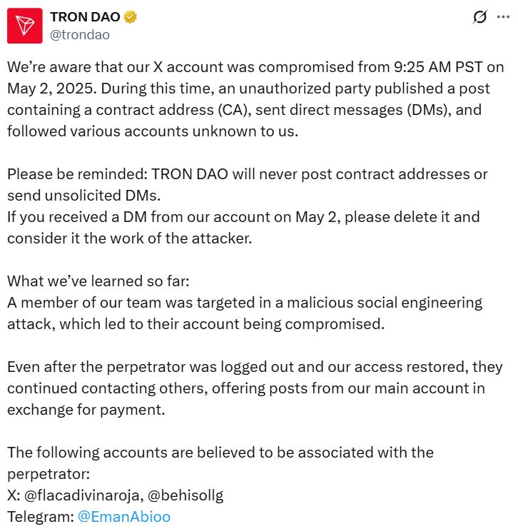 Tron DAO X post indicating the account hack. Source: Tron DAO