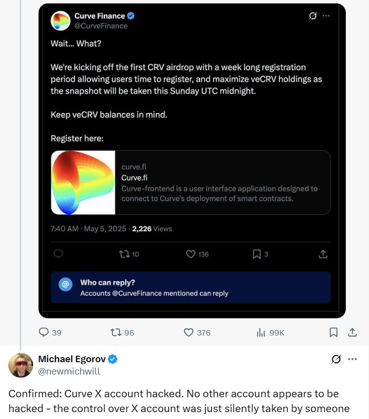 Curve Finance founder confirming the hack on X. Source: CrediBULL Crypto