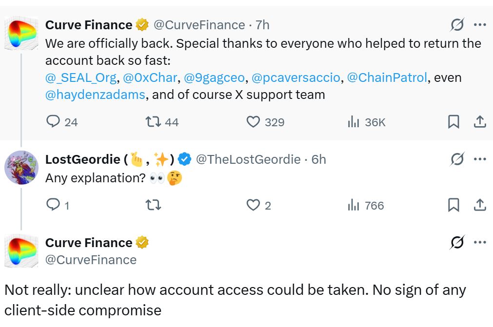 Curve Finance X post indicating ongoing investigation of the hack. Source: Curve Finance