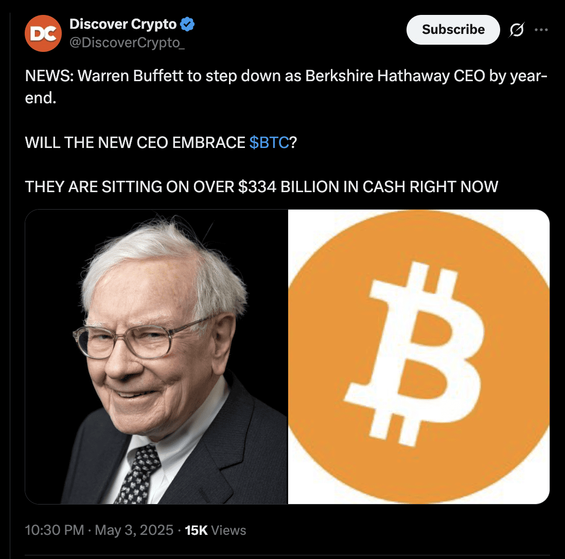 Illustration depicting Berkshire Hathaway logo near a Bitcoin symbol, representing a possible acquisition. Source: Discover Crypto