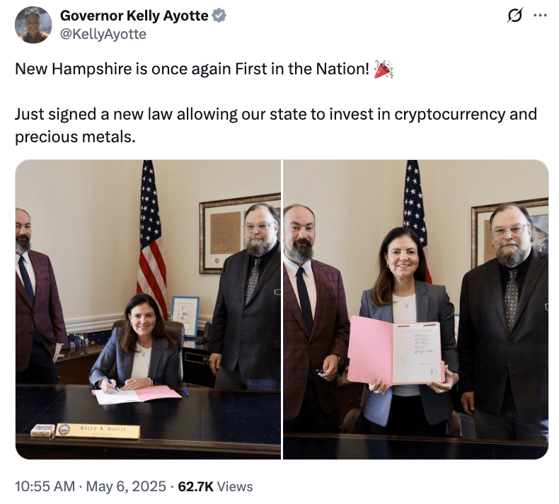 Cryptocurrencies, Government, Bitcoin Price, Investments, Bitcoin Regulation, Changpeng Zhao, United States, Binance, Bitcoin Adoption, Policy Signing New Hampshire’s crypto reserve bill into law on May 6. Source: Governor Kelly Ayotte
