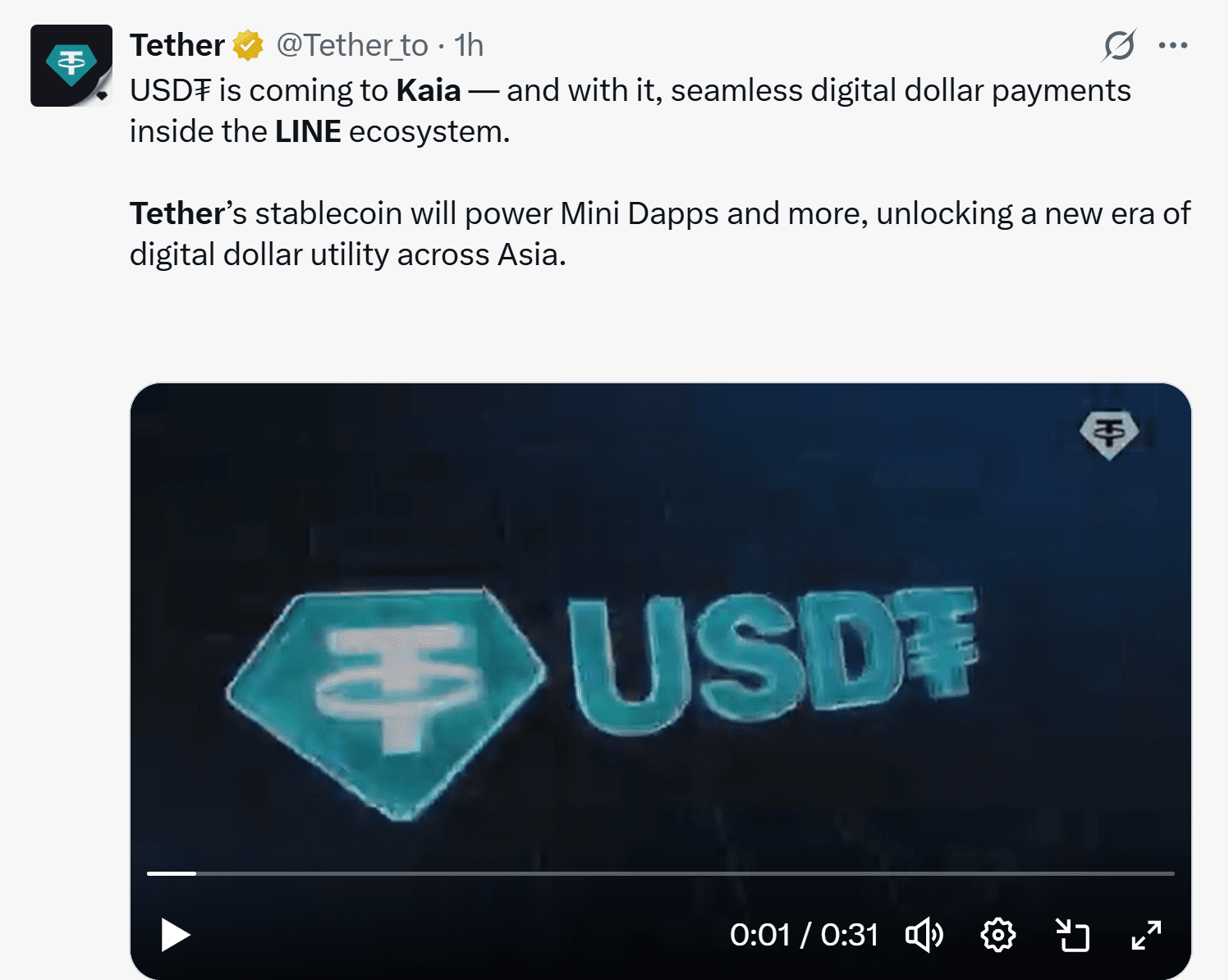Screenshot of a Tether tweet announcing the USDT launch on the Kaia blockchain, featuring the Tether logo and LINE branding. Source: Tether