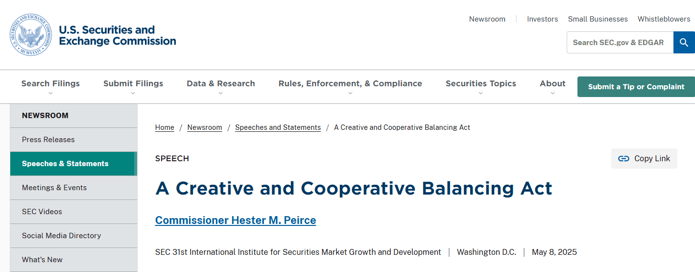 Security, SEC, Tokens, DLT, Tokenization, RWA Tokenization Commissioner Peirce described the planned changes in a May 8 speech. Source: SEC