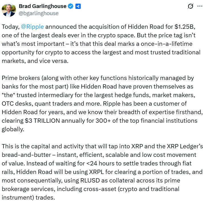 XRP reaches over 300 institutional clients through Ripple’s Hidden Road acquisition. Source: Brad Garlinghouse