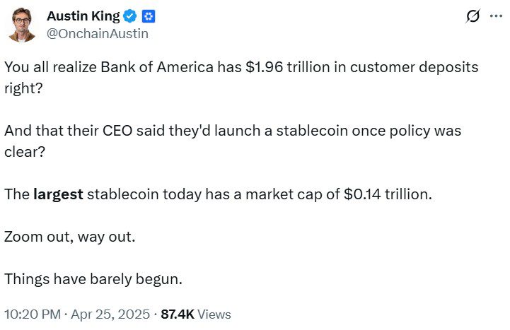 All banks will jump on stablecoins soon, and that will reshape US finance, according to King. Source: Austin King