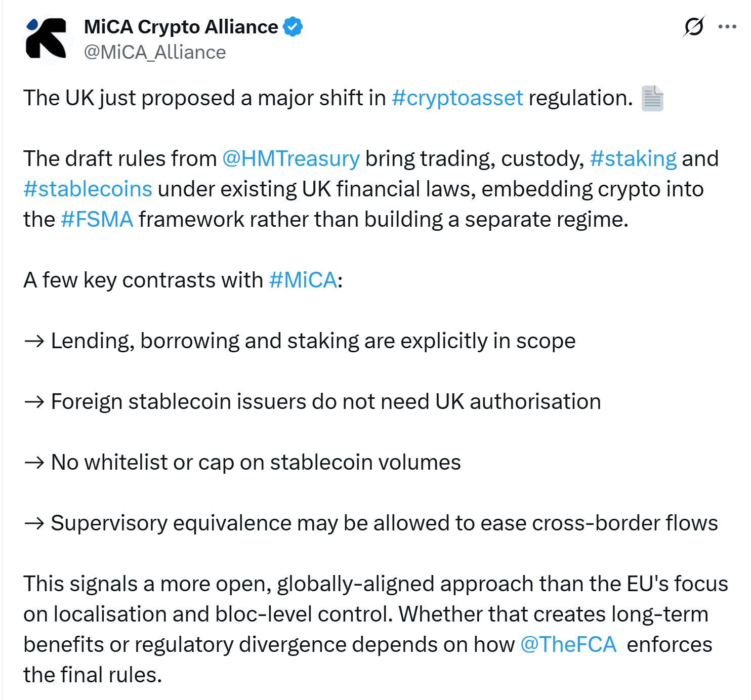 MiCA Crypto Alliance: Reactions to UK Crypto Regulations