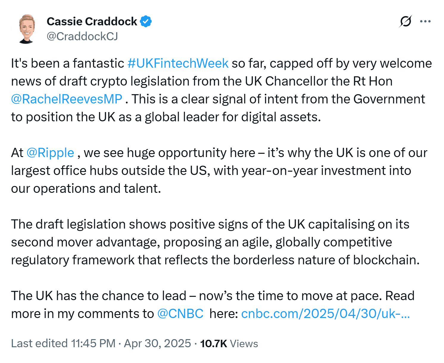 Cassie Craddock of Ripple praising UK Crypto Rules