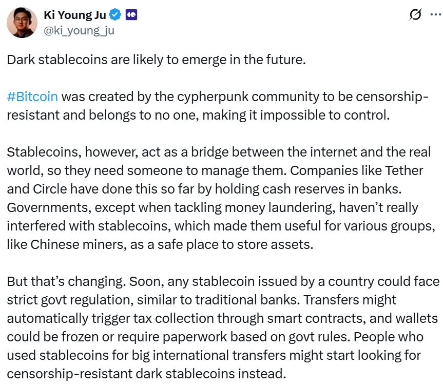 Ki Young Ju's tweet speculating on dark stablecoins. Source: Ki Young Ju