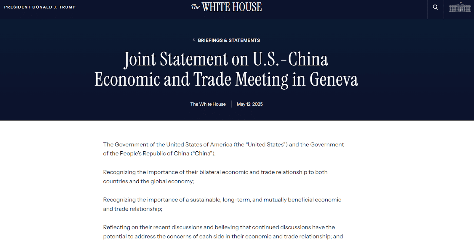 Joint statement on US-China meeting in Geneva. Source: The White House