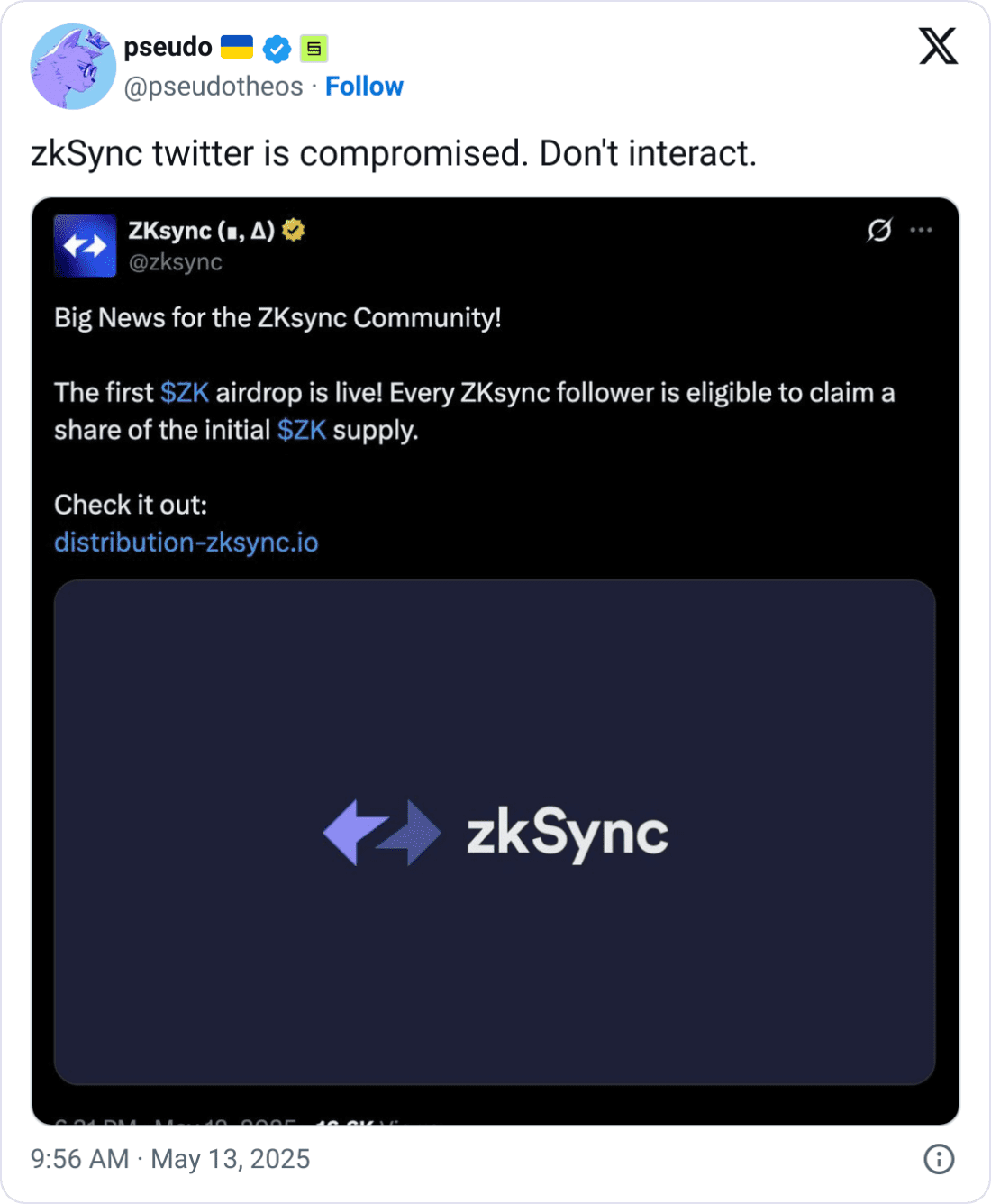 Other X users had warned the ZKsync X account was compromised. Source: pseudo