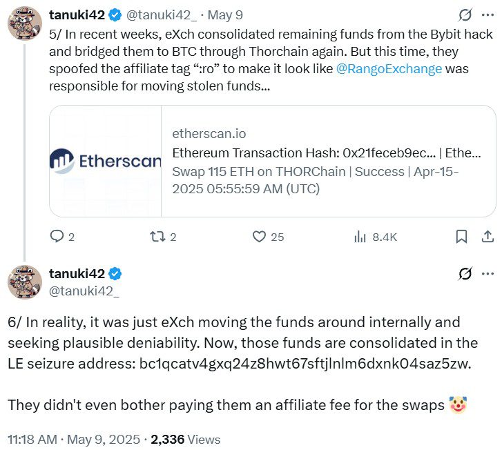 EXch operators also used THORChain to allegedly obfuscate trails. Source: Tanuki42