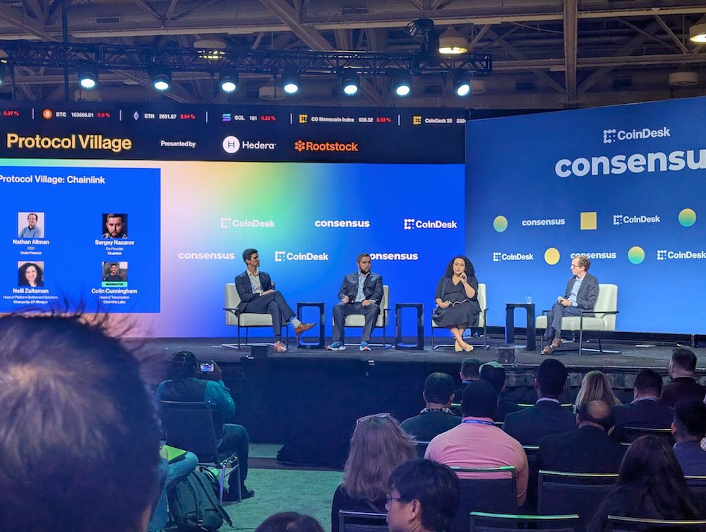 Chainlink, RWA, RWA Tokenization. From left to right: Colin Cunningham, Sergey Nazarov, Nelli Zaltzman and Nathan Allman at Consensus 2025. Source: Vince Quill/Cointelegraph