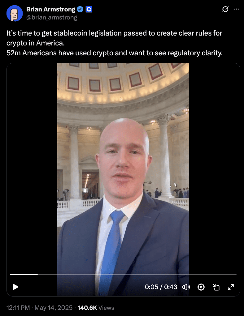 Coinbase CEO in Washington, DC on May 14. Source: Brian Armstrong