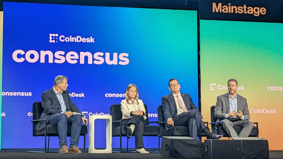 From left: Ian Allison, CoinDesk reporter; Jelena DDjuric, CEO of Noble; Kyle Hauptman, chairman of the National Credit Union Administration, and Joseph Spiro, digital assets product director at DTCC Digital Assets. Source: Cointelegraph