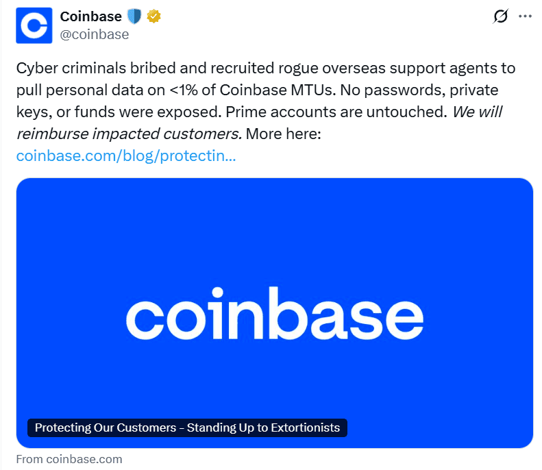 Coinbase Hit by $20M Extortion Attempt: Insider Phishing Attack and $400M Reimbursement Plan