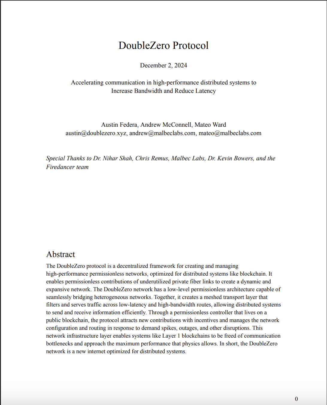 Communications, Telecommunications, Consensus Cover page for the DoubleZero whitepaper. Source: DoubleZero