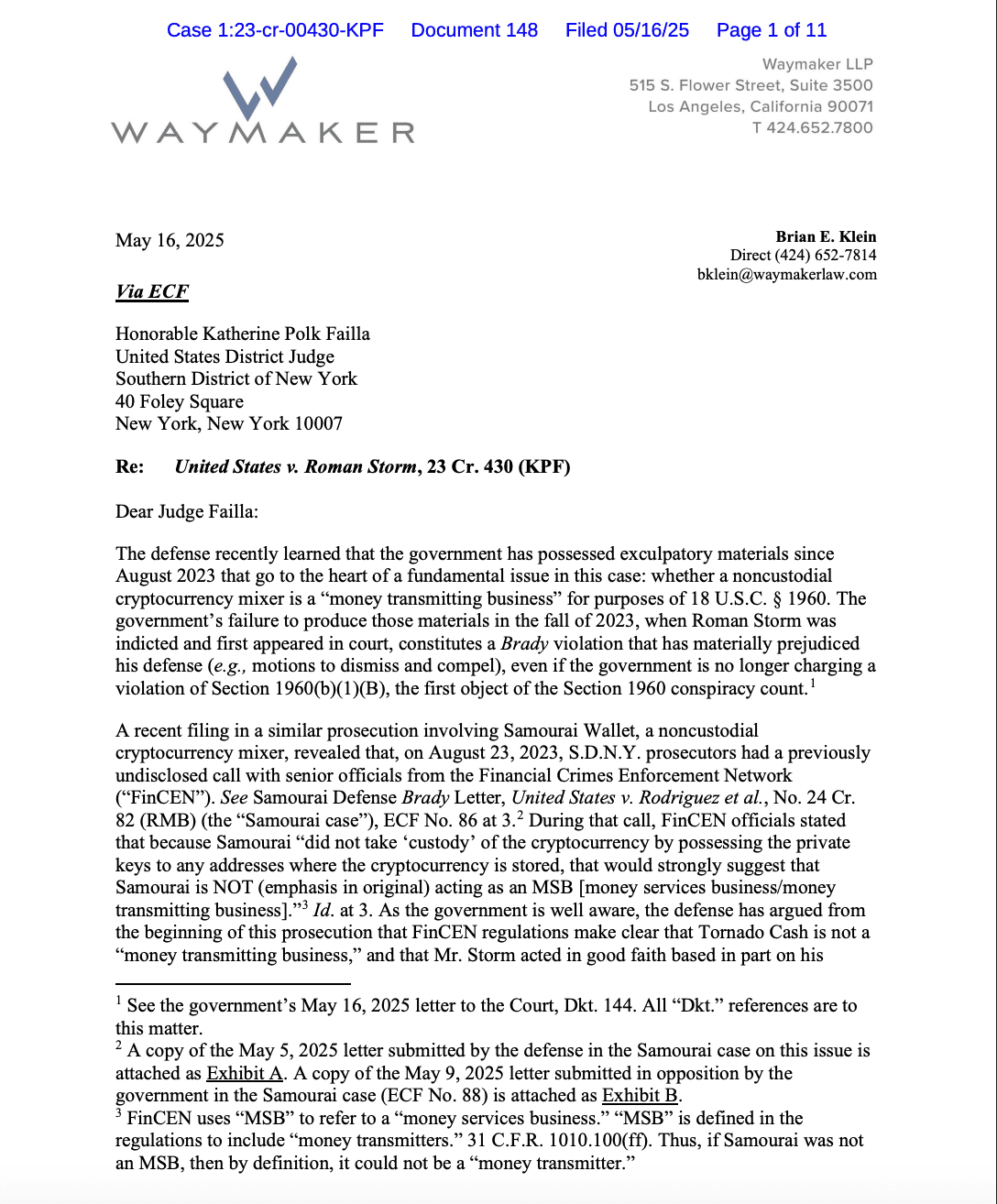 Letter sent by Roman Storm’s attorneys to Judge Failla. Source: Court Listener