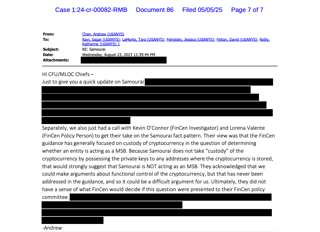 The 2023 communications between US prosecutors and FinCEN. Source: Court Listener