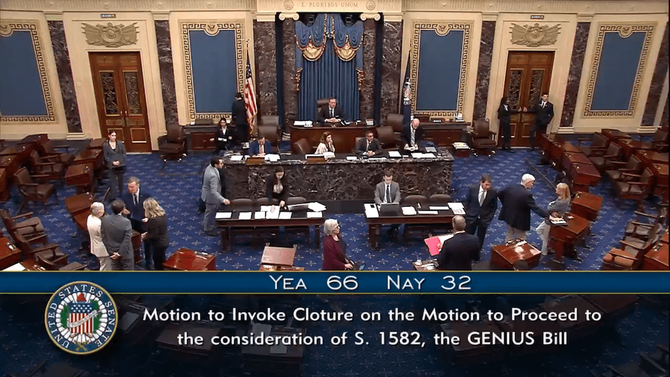On May 19, the Senate voted 66 to 32 to advance debate on the GENIUS Bill. Source: US Senate