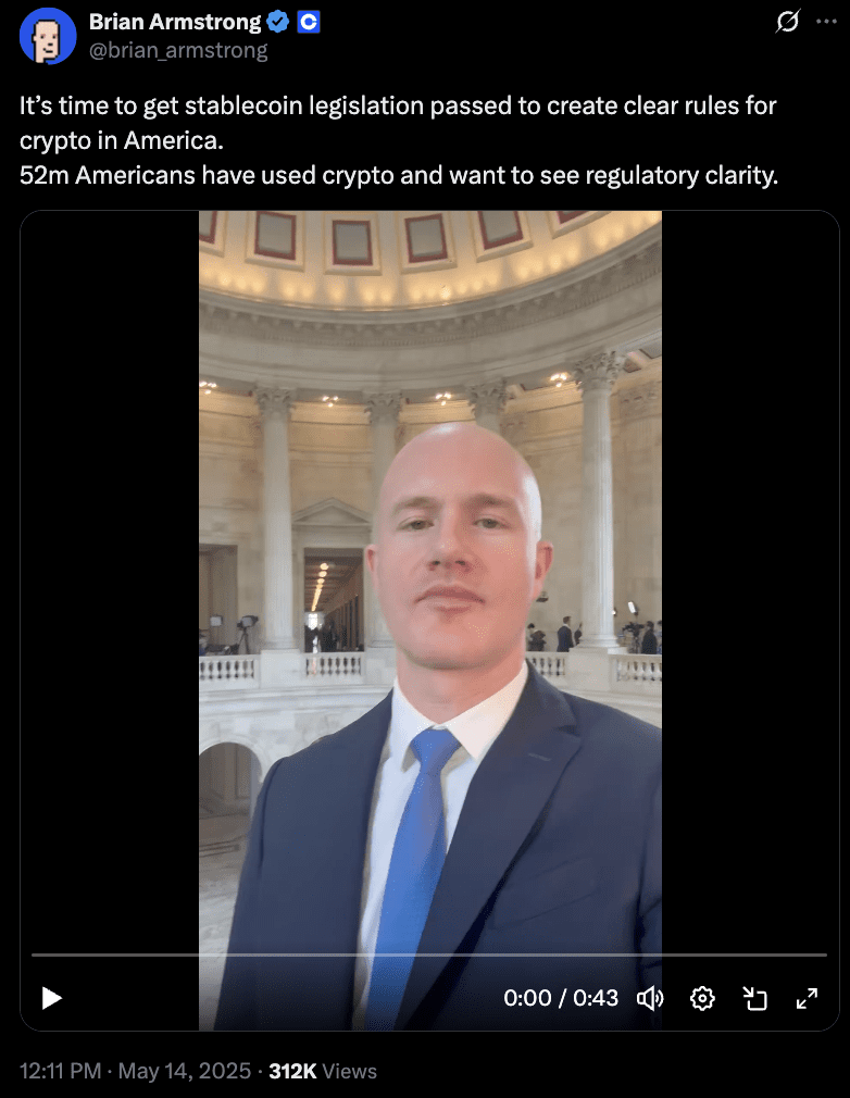 Coinbase CEO in the US Capitol rotunda on May 14. Source: Brian Armstrong