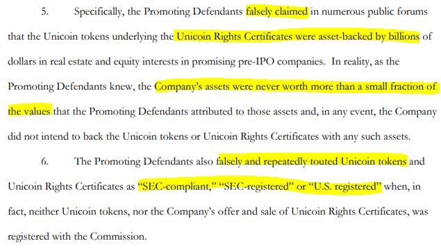 Law, SEC, United States. A highlighted excerpt of the SEC complaint claims Unicoin and its executives misled customers in multiple aspects of the business. Source: SEC