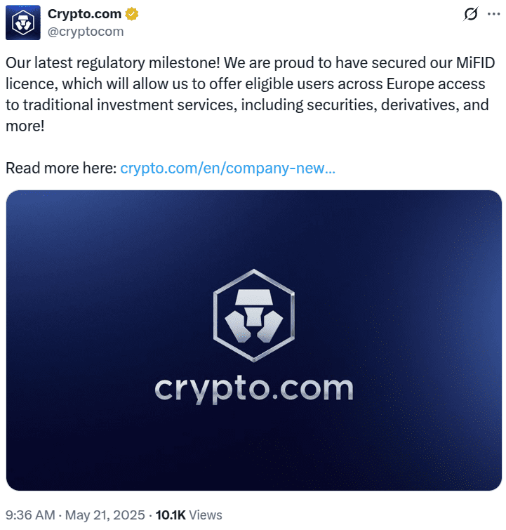 Crypto.com Expands into EU Crypto Derivatives Market with New License