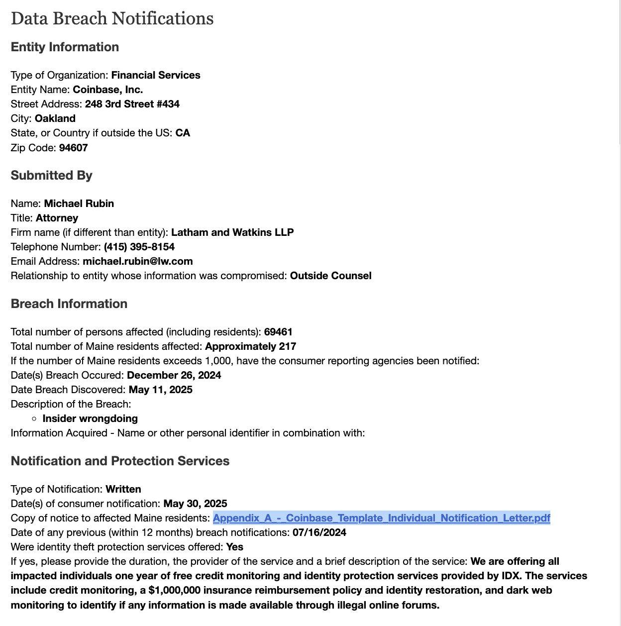Coinbase, Cybersecurity, Scams Coinbase data breach incident details. Source: Maine Attorney General