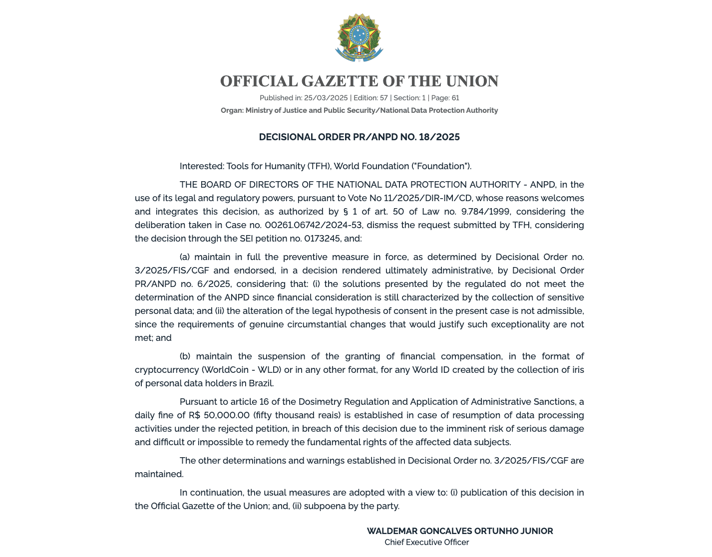 Translated statement from Brazil’s ANPD maintaining the World suspension. Source: Brazilian Government