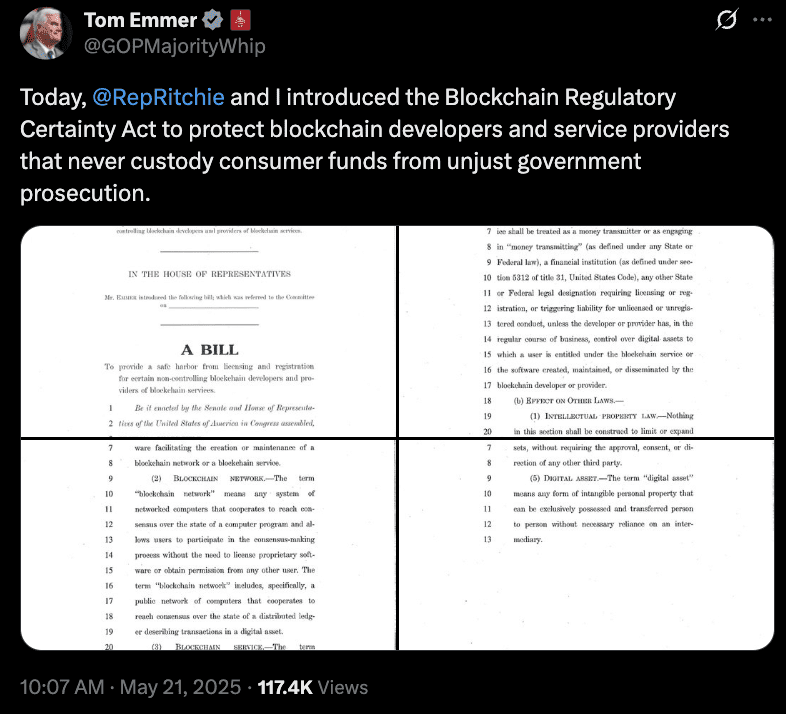 Cryptocurrencies, Law, Politics, Congress. Reintroducing the Blockchain Regulatory Certainty Act on May 21. Source: Tom Emmer