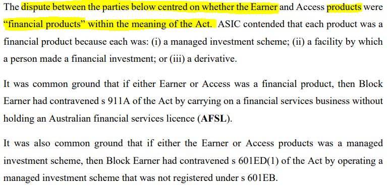 ASIC was arguing Block Earner needed a financial services license to offer its crypto-linked fixed-yield earning product. Source: ASIC