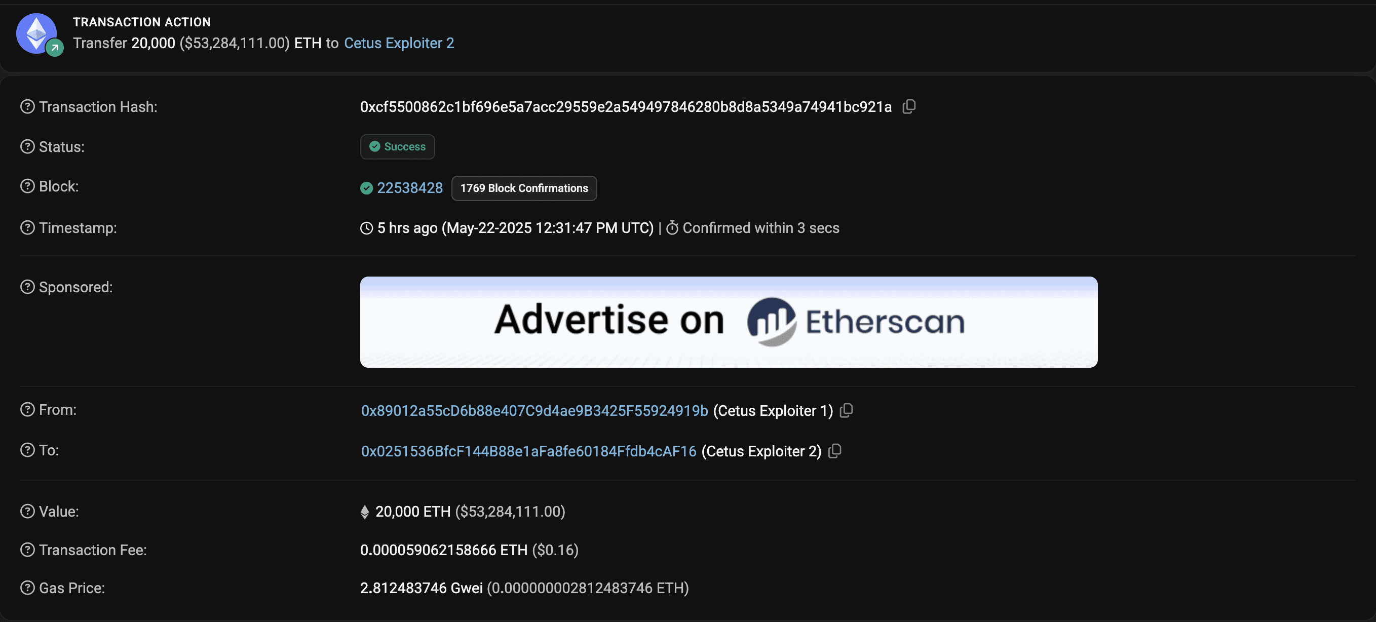 The Cetus hackers transfer 20,000 Ether to a new wallet address. The Cetus hackers transfer 20,000 Ether to a new wallet address.