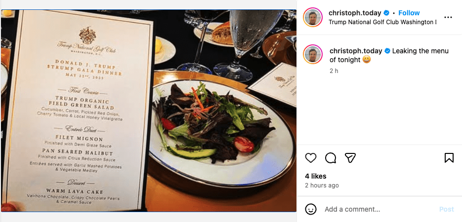 The menu on offer at Trump’s Gala Dinner on May 22. Source: Christoph Heuermann/Instagram