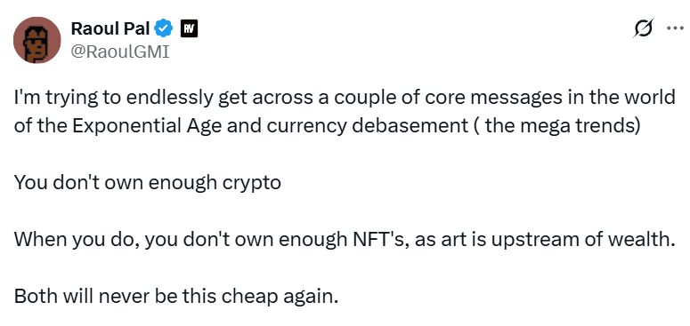 Raoul Pal: Cryptocurrencies and NFTs offer protection against currency debasement.