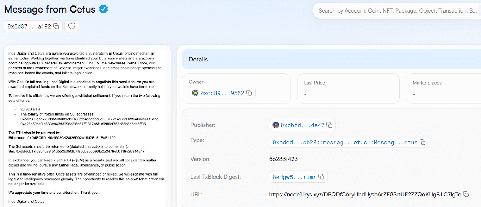 A bounty offer to the hacker. Source: Suivision
