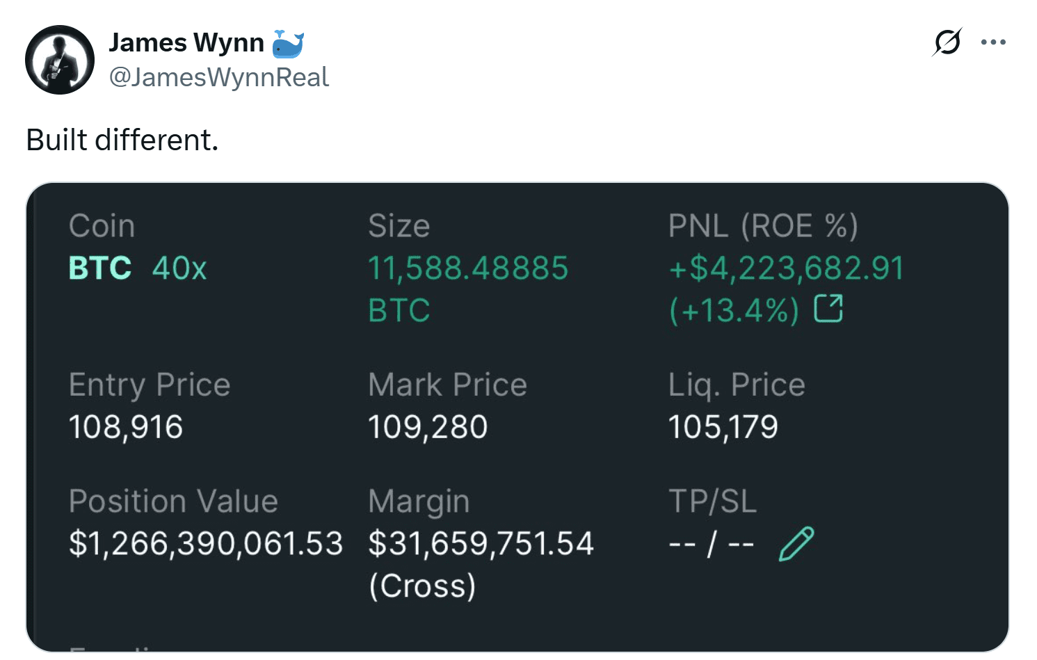 James Wynn’s Bitcoin long bet. Source: James Wynn