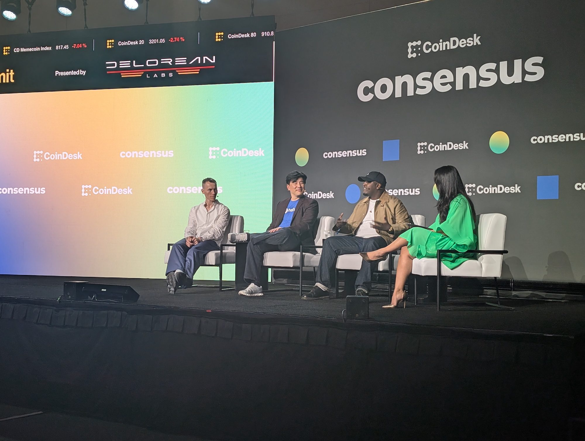 Decentralization, DePIN. Pictured from left to right at Consensus 2025, the Realest.Com founder DJ Skee Keeney, Nova Labs COO Frank Mong, CEO of KYD Labs Ahmed Nimale, and CoinDesk senior anchor Jennifer Sanasie.
