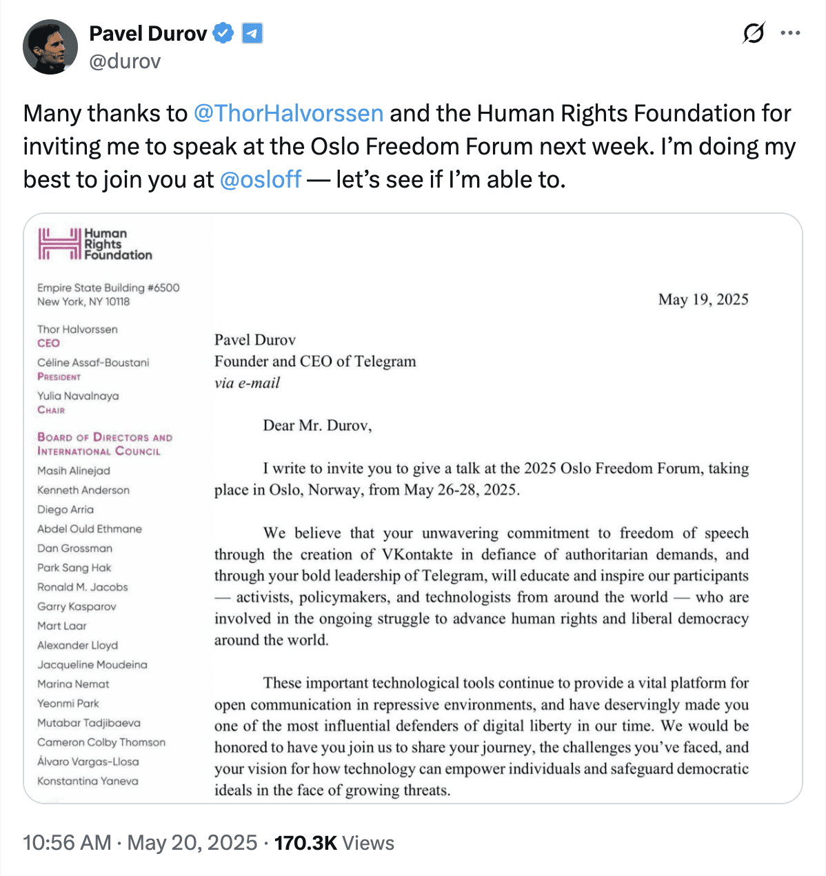 Pavel Durov. Durov continues to be a vocal advocate for free speech and individual liberty. Source: Pavel Durov