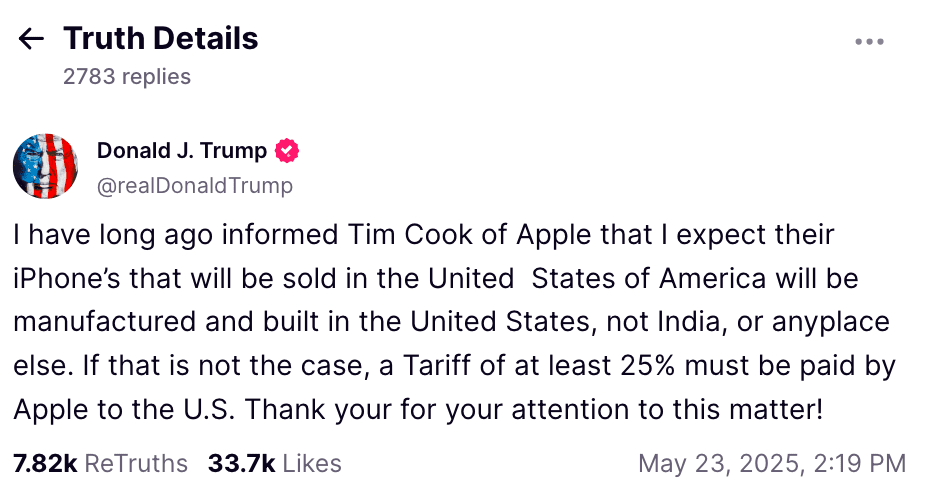 Donald Trump post on Truth Social about tariffs. Source: Truth Social