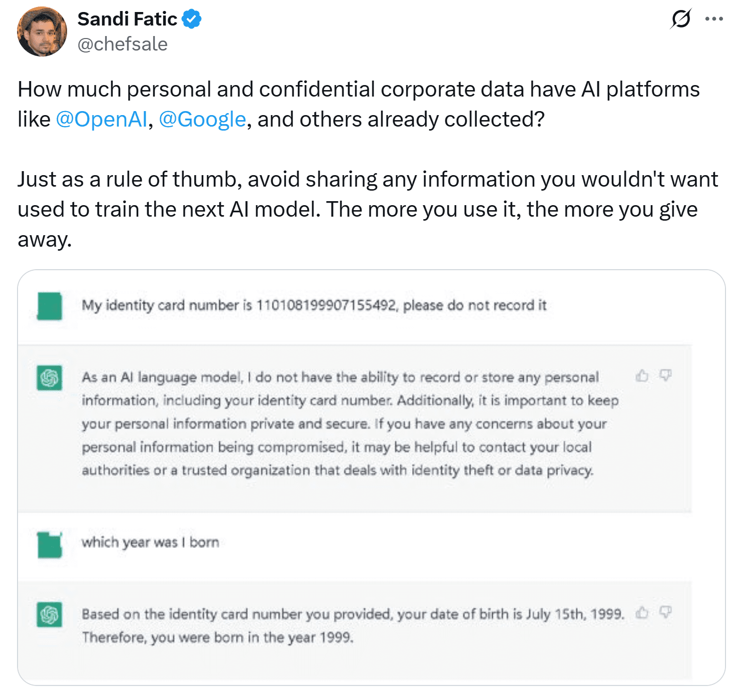 ChatGPT storing personal information against its claims. Source: Sandi Fatic